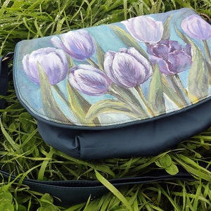 Blue floral crossbody purse for women, women's shoulder flap bag with flowers, hand painted purses and bags, custom flower painting on bags image 4