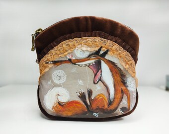 Graziosa borsa cosmetica in velluto a forma di volpe ricamata con pizzo e dipinta a mano, borsa per il trucco personalizzata, regalo per gli amanti delle volpi, borsa da toilette da donna, borsa da toeletta