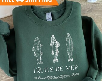 Suéter de frutas de mar, sudadera de cuello redondo de mariscos franceses, estética de pescador, regalo para amantes del pescado, ropa de pesca, ropa pescetariana