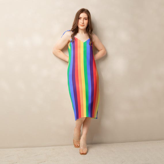 Rainbow Striped Chiffon Midi Dress: Tie-Strap V-Neck Summer Apparel