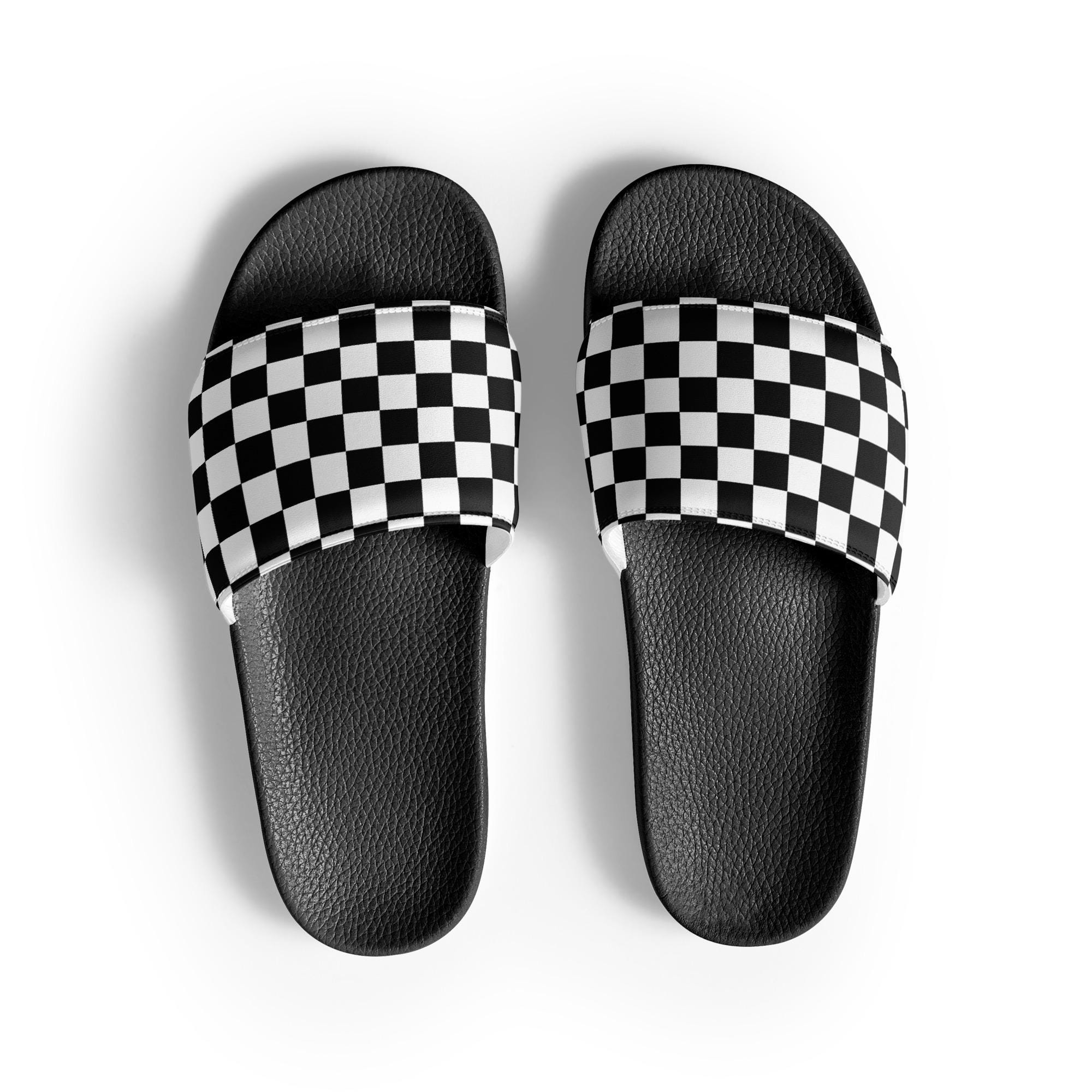 Women's Black and White Checkered Slide Sandals, Racing Footwear Shoes ...