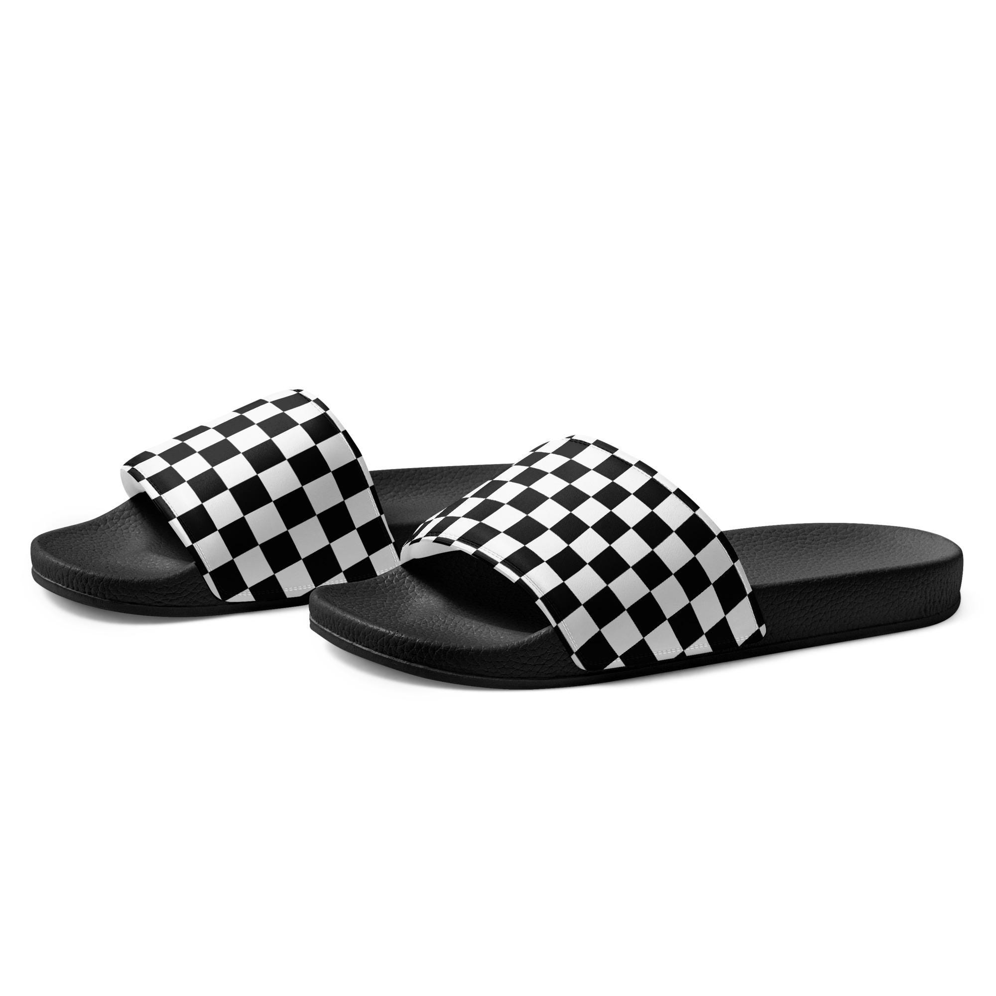 Women's Black and White Checkered Slide Sandals, Racing Footwear Shoes ...