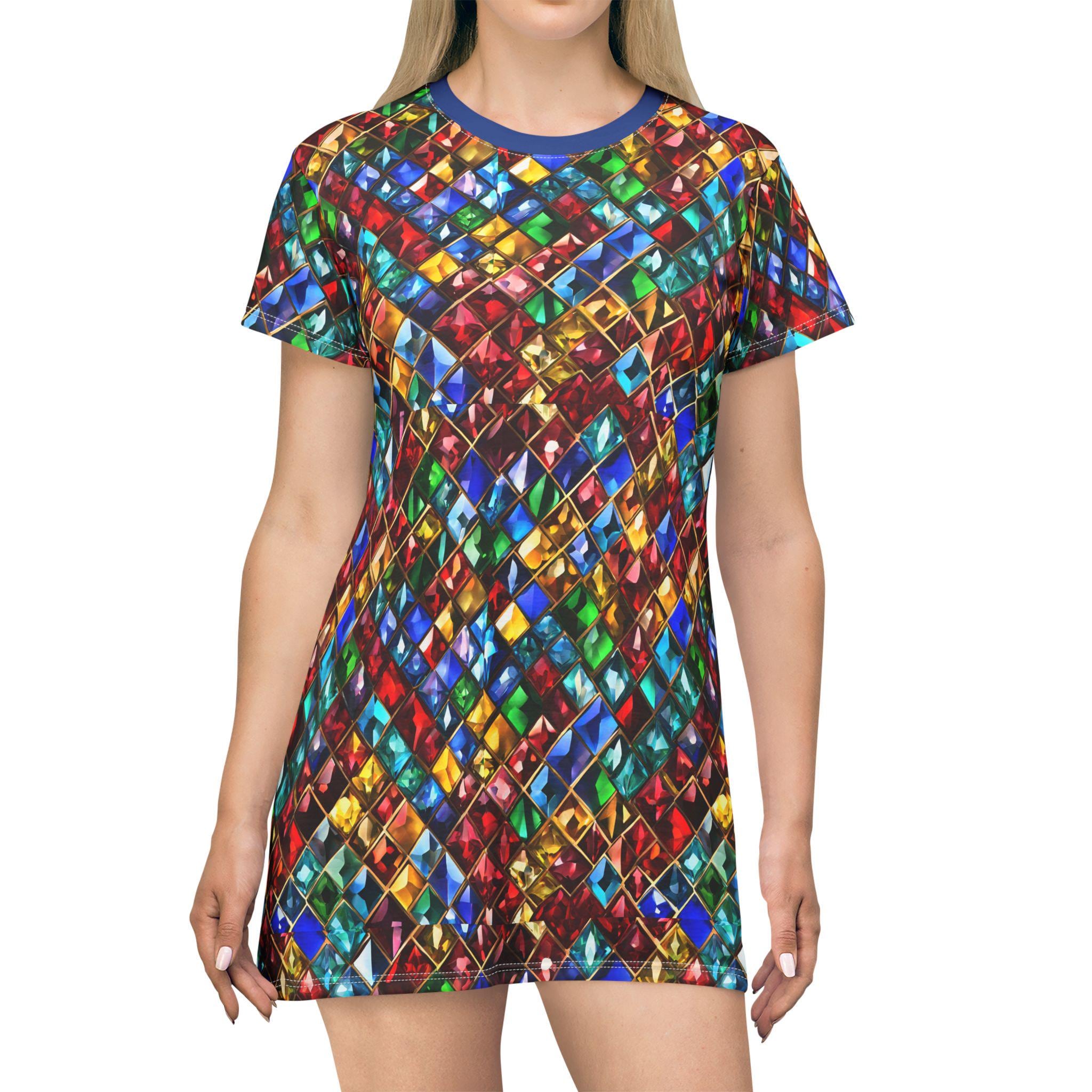 Jewel Print Summer Dress, Multicolor Gem short dress, jewel pattern, Beach Cover Up, unique print T-Shirt Dress