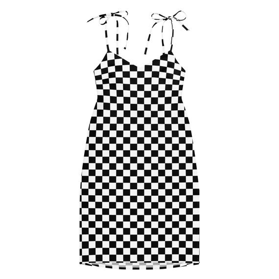 checkerboard midi dress Checkered Tie-Strap Midi Dress, Black and White Checked Chiffon dress for summer, mod Design for date nights, unique Black and White outfit