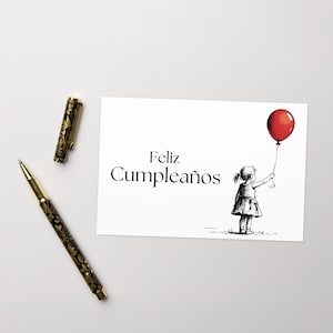 Feliz cumpleaños Geburtstagskarte, Geburtstagskarte für Kinder, kleine Mädchen mit rotem Ballon, spanische Karte für Mädchen Geburtstag, Kinder