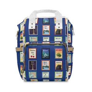 Wickelrucksack mit blauem Michigan-Briefmarkenmuster, multifunktionale Babytasche mit blauem Reisebriefmarkendruck für Michiganer
