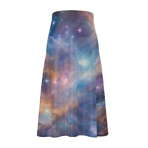 100% pure silk satin galaxy midi skirt, space apparel for astronomy lovers, sci fi enthusiast clothing, starry galaxy outfit for her, silky