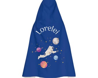 子供用パーソナライズ宇宙飛行士フード付きバスタオル、ユースフード付き、子供用カバーアップ、天文学プールタオル、惑星カスタムユースタオル