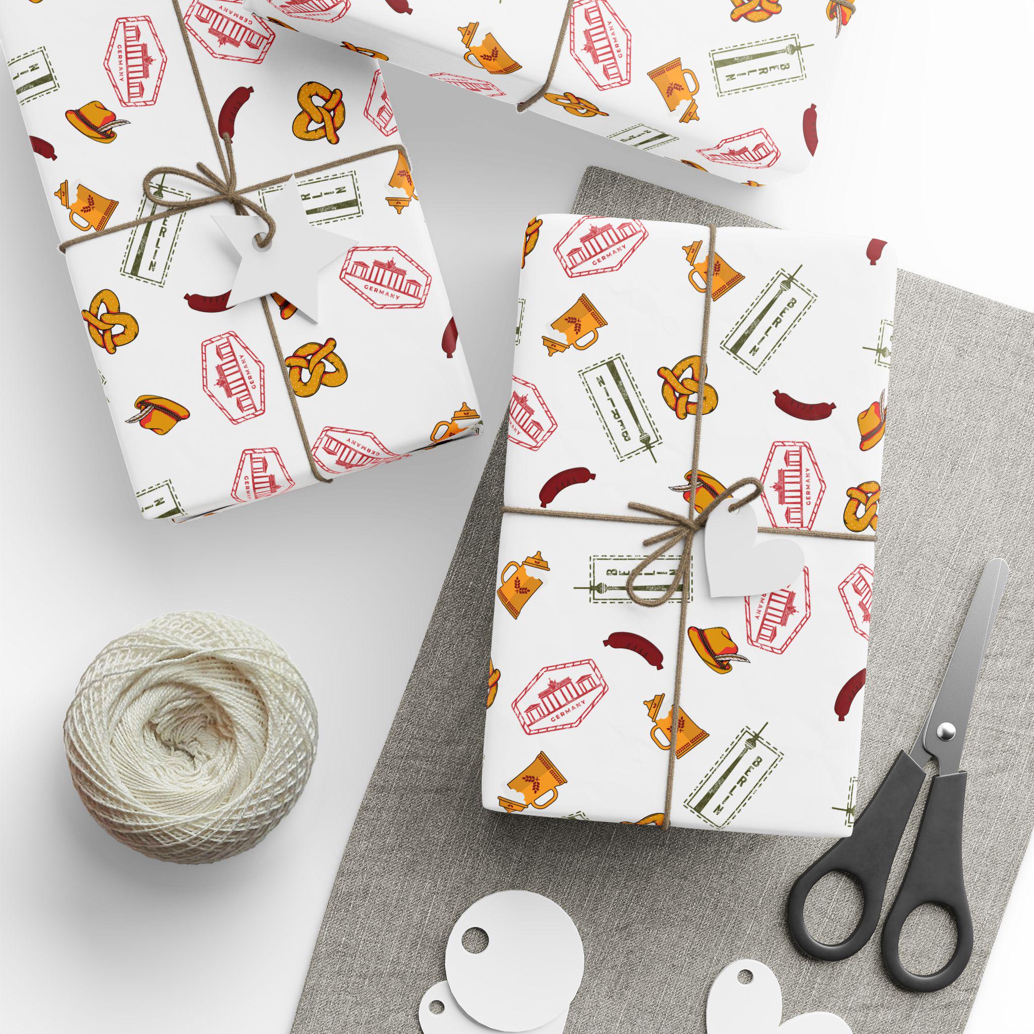 Germany Theme Wrapping Paper: Berlin Tower, Beer Stein, Pretzel