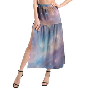 Starry galaxy elastic Waist Ruffle Slit Hem Skirt, midi space skirt for astronomy astrology lovers, colorful galaxy apparel for sci fi fans