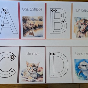 8.5 x 11 Printable French animals alphabet flash cards, for children learning to write letters, animaux français, elementary school French