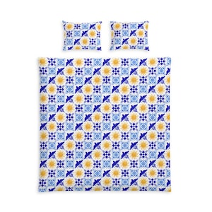 Mediterranean Sun 'Talavera Sol' Tile Cotton Bed Set - Blue, yellow, and white bedding for colorful bedroom decor, cotton sheet set tiles