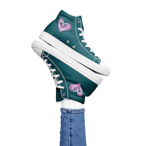 Teal High Top Canvas Shoes: Pink Watercolor Heart Design Israel
