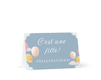C'est une fille French Greeting card, for new baby girl, carte de vœux nouveaux parents, French themed baby shower, its a girl french card