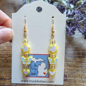 Yellow spring dangly earrings with gold hoops for pierced ears, yellow beaded earrings for Easter, spring, summer, gift for daughter, mother