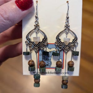 Handmade Green Stone Dangle Earrings: Silver Chandelier, Bohemian
