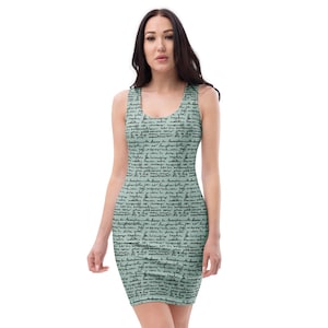 Mintgrün Französischer Liebesbrief Bodycon Kleid, kurviges romantisches Kleid für Verabredungen, Gala, elegante Kleidung mit handgeschriebener französischer Poesie, Geschenk