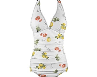 2-Piece Women's "La Dolce Vita" Italian cooking themed Halter Tankini swimsuit, Italian chef swimwear for her, summer beach apparel