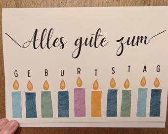 Alles Gute zum Geburtstag Card with colorful candles, German Happy Birthday Greeting blink inside with envelope, birthday gift idea german