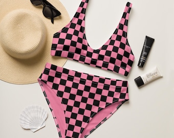 Karierter Bikini: Hoch taillierter, recycelter Badeanzug in Schwarz und Pink