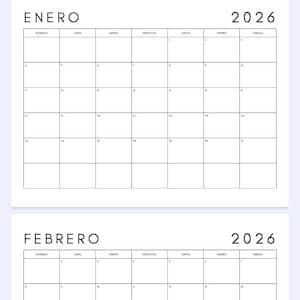 Può includere: Un calendario minimalista per l'anno 2026, con i mesi di gennaio e febbraio. Il calendario è in bianco e nero, con i nomi dei mesi in grassetto. I giorni della settimana sono elencati in alto, con le date nelle caselle.