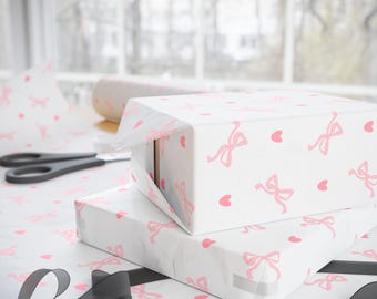 Coquette Wrapping Paper, bows and hearts gift wrap, pink wrapping paper for baby showers, feminine, cute, pretty, pastel pink bows and heart