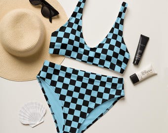 Karierter Bikini mit hoher Taille: Badeanzug aus recyceltem Polyester