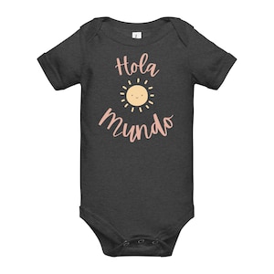 Hola mundo Baby Einteiler, Hallo Welt Schwangerschaft Outfit für Spanisch sprechende Mama, español Babyparty Geschenkidee