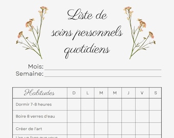Weekly French self-care Tracker: Printable Wellness Habit List (Digital Download), liste de soins personnels, for habit forming self care