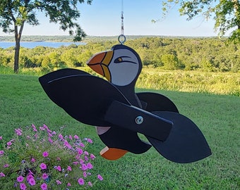 Puffin Whirligig, Ornament, Wind Spinner, outdoor, gardening, decoration, gift, yard, craft, hand made, spinning, turning, rotating