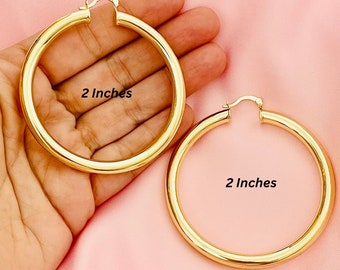 18K Large Gold Hoops, Gold Hoop Earrings Large Big Hoop Earring 2", Huggie Hoop Oversize Earring 2 inch Hoop Gold Earrings, Big Round Large