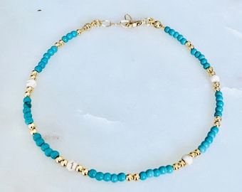 Turquoise Beaded Anklet: Adjustable Boho Beach Jewelry