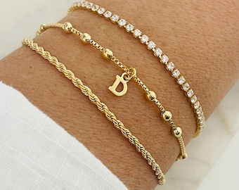 Dainty 18K Gold Filled Bracelet Set: Initial Layering Bracelets