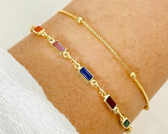 Dainty 18K Gold Filled Bracelet Set: Baguette Crystal Layering Bracelets