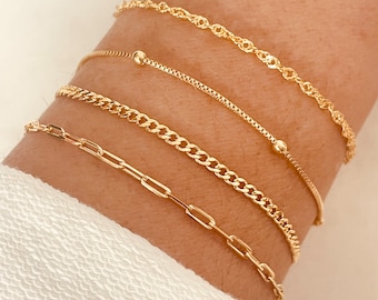 Conjunto de pulseras de cadena chapada en oro de 18 quilates: joyería hipoalergénica en capas