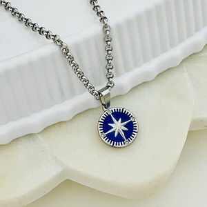 Compass Pendant Necklace Men Blue  North Star Pendant Necklace Man Silver Necklace