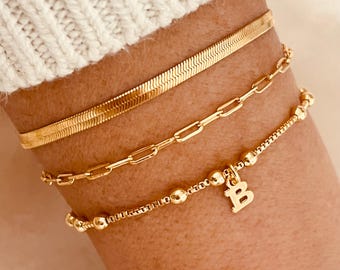 Gold Filled Bracelet Set: Initial Charm, Minimalist Layering Bracelets
