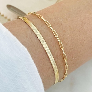 18K Gold Filled Paperclip Bracelet Set: Thin Chain Initial Bracelet
