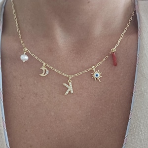Gold Filled Custom Charm Necklace: Personalized Initial, Pearl, Evil Eye