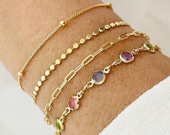 Custom 18k Gold Filled Bracelet Set: Gemstone Initial Layering Bracelets