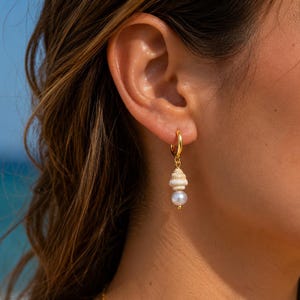 Gold Plated Hoop Earrings with Natural Shell and Cultured Pearl | Coastal Summer Jewelry