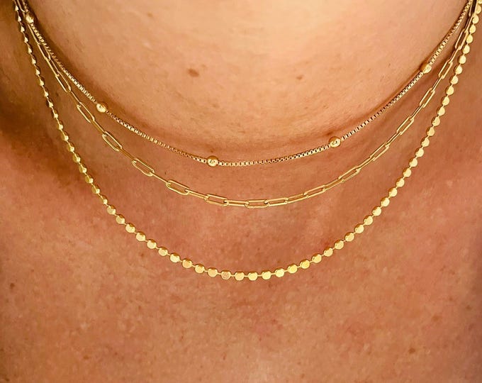 Gold Layering Necklace Set: Dainty Satellite, Paperclip & Dot Chains