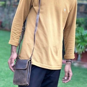 Bolsa de viagem fina de couro de búfalo genuíno feita à mão, bolsa de viagem de couro, bolsa crossbody, bolsa lateral, bolsa de telefone, capa de telefone