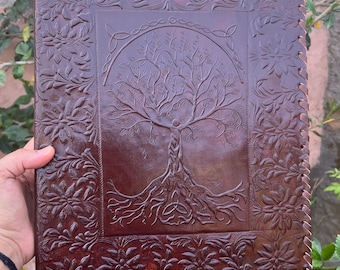 Carpeta de cuero A4 hecha a mano: Carpeta con relieve del Árbol de la Vida