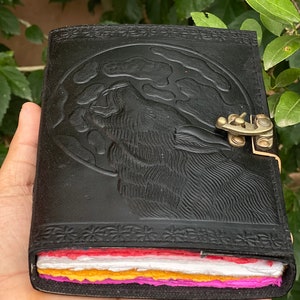 Best Christmas Gift Leather Journal Howl Wolf Embossed Handmade Leather Diary  Leather Bound Colourful paper Sketchbook Notebook Artist Book