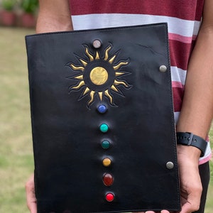 Handmade Extra Large Seven Stone Leather Journal The Book Of Shadow Notebook Sketchbook Gold Chakra Leather Bound 10X13 Best Valentines Gift