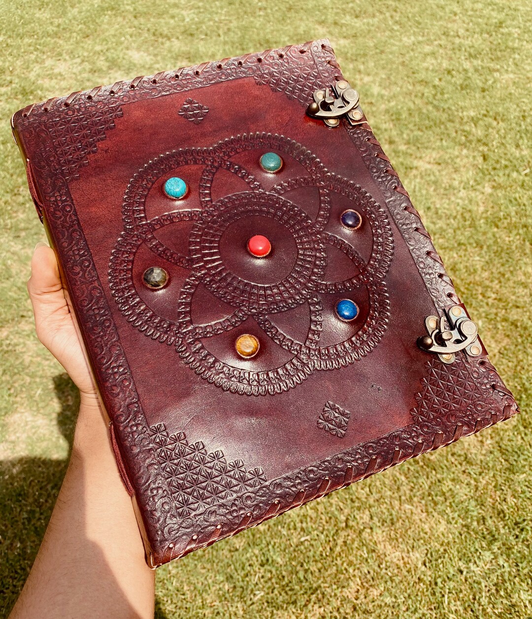 Wholesale TUZECH Seven Chakra Medieval Stone Embossed Handmade Jumbo Leather Journal Book Of Shadows Notebook Office Diary College Poetry Sketch 22 Inches For Your Shop - View #9