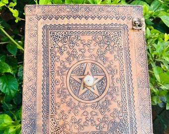 Leather Journal pentagon Star Stone Embossed The Book Of Shadow Writers Poetry Book Sketchbook Pegan Vicca Pentacle 10X13 400 page