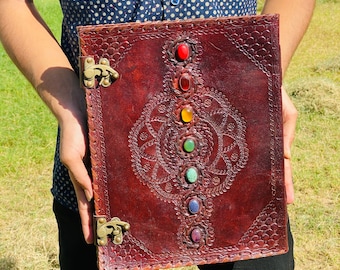 Seven Chakra Stone Embossed Leather Journal: Handmade Book of Shadows (10x13)