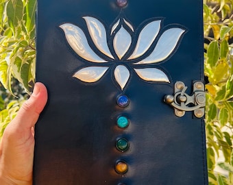 Lotus Flower Silver Embossed Leather Journal: Handmade Writing Notebook (7x10 Inches)